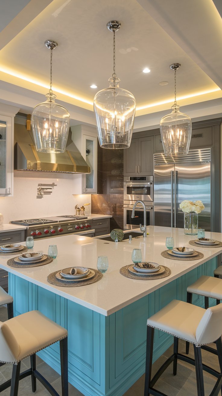 Powder Blue Cabinets with Brass Hardware 