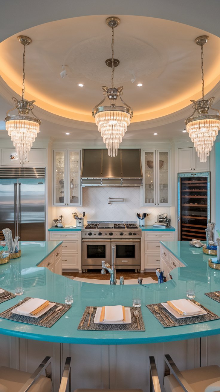 Midnight Blue Kitchen Island with Marble Countertop 