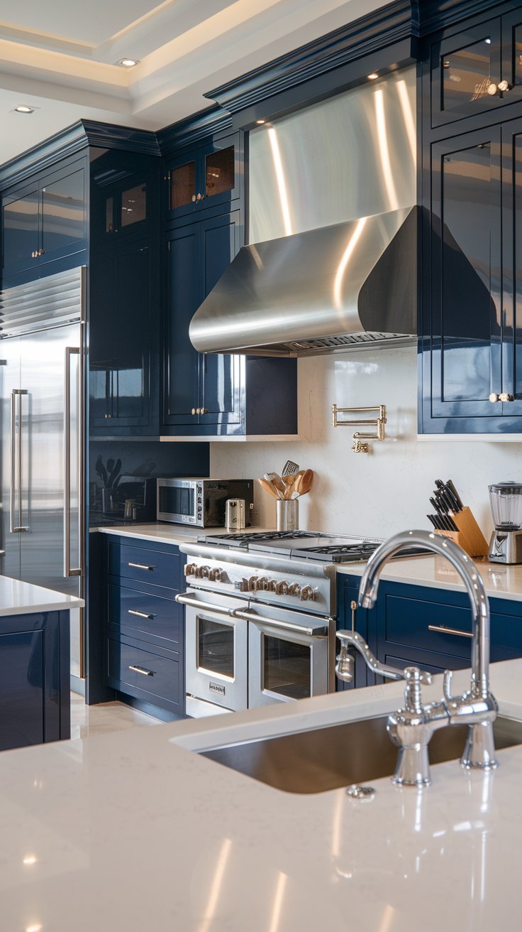 Steel Blue Cabinets with Concrete Countertops