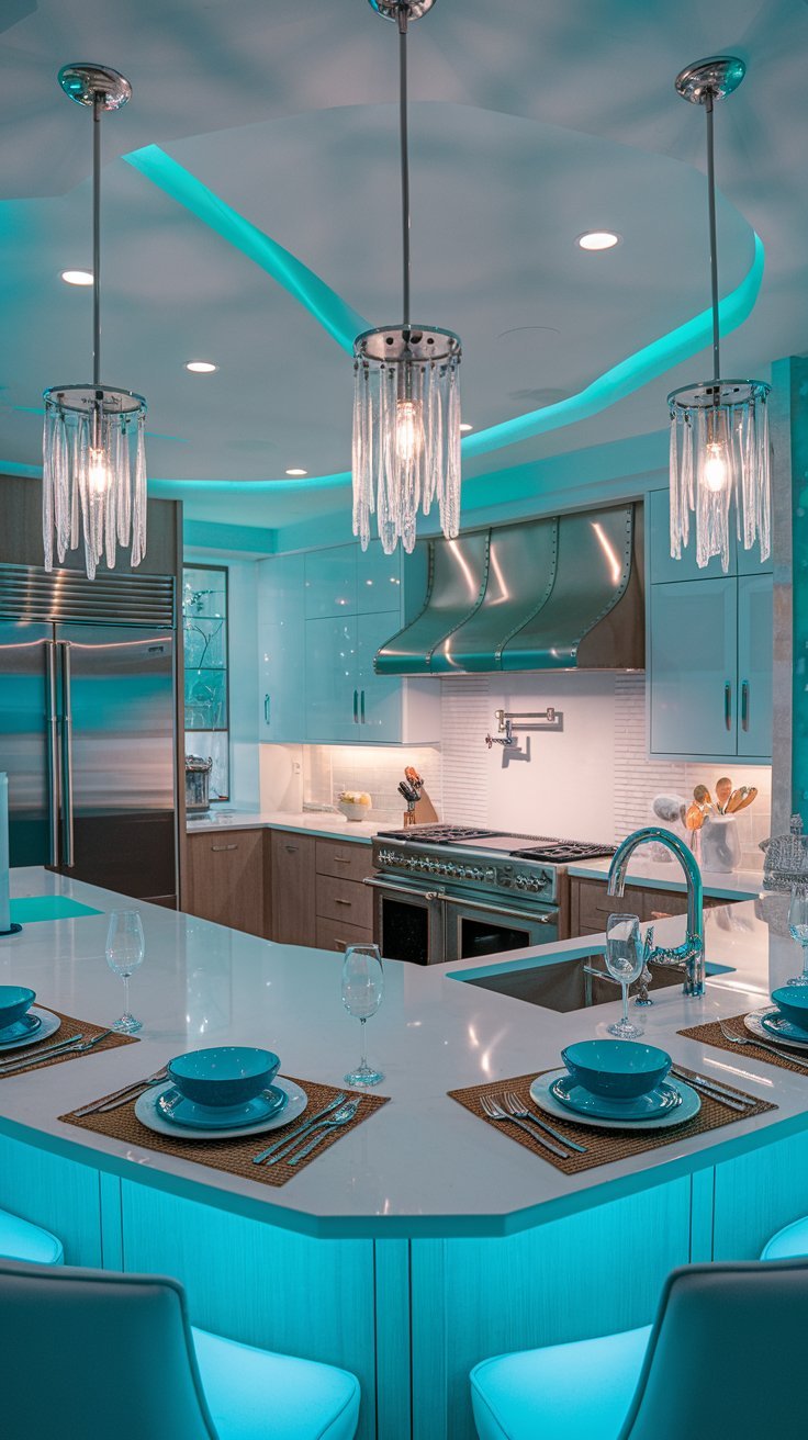 Turquoise Kitchen Island with Pendant Lighting