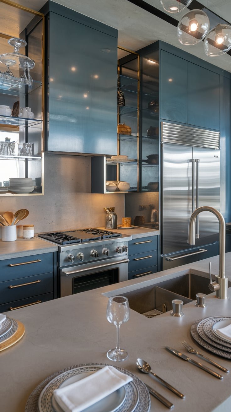 Indigo Cabinets with Gold Accents