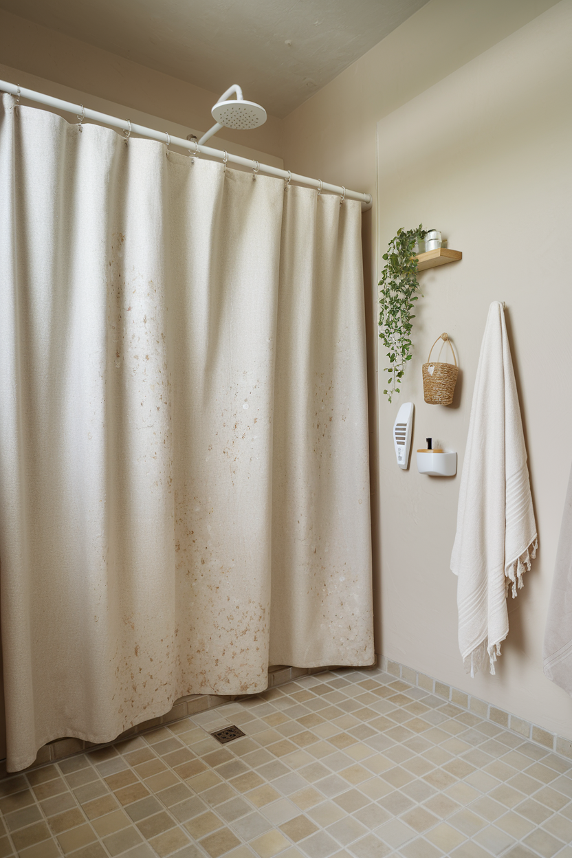 A neutral-toned bathroom with a beige shower curtain, tiled floor, and minimalist decor.