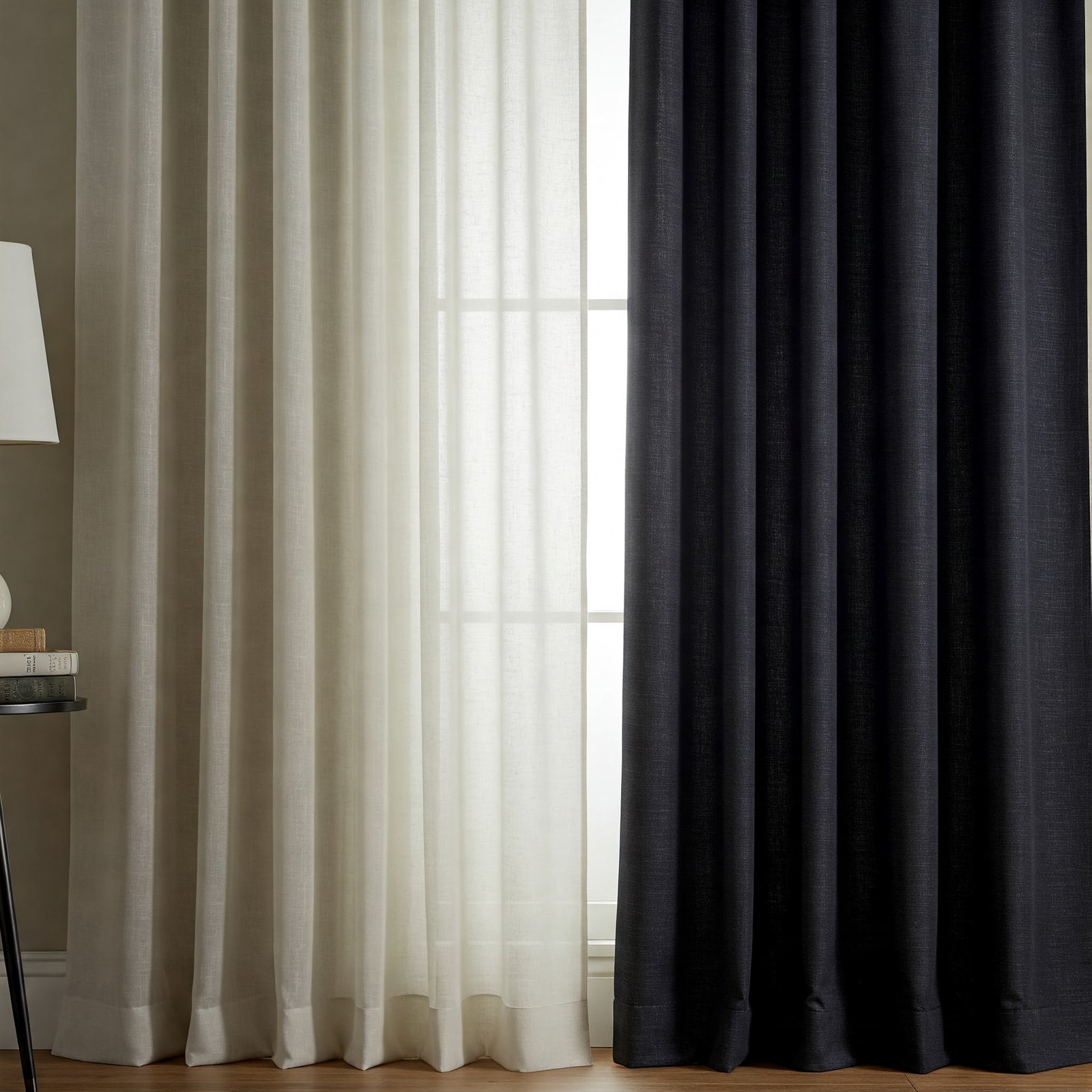 Layered curtains (sheer + blackout)
